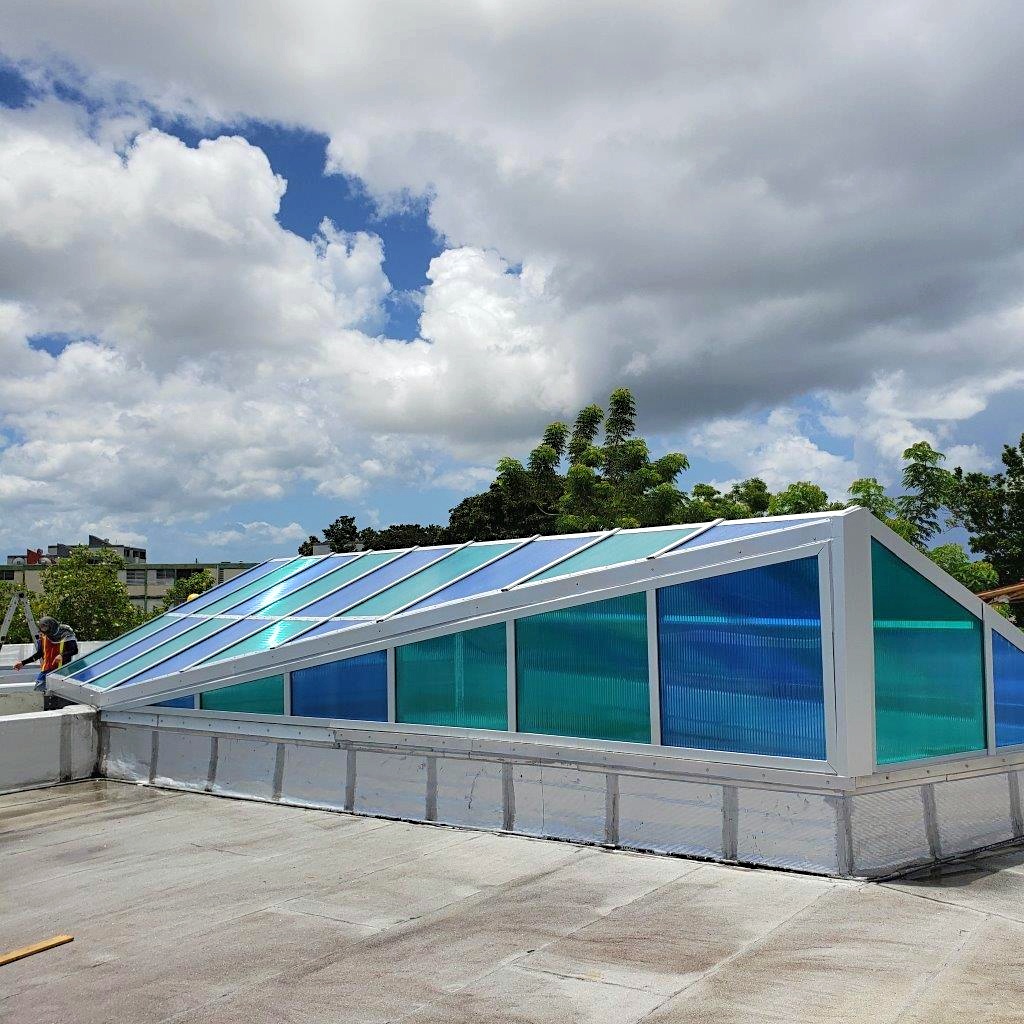 Commercial Skylight Case Study, Large Architectural Structural Ridge Skylights with Hipped and Gable End Walls, School of San Juan Puerto Rico